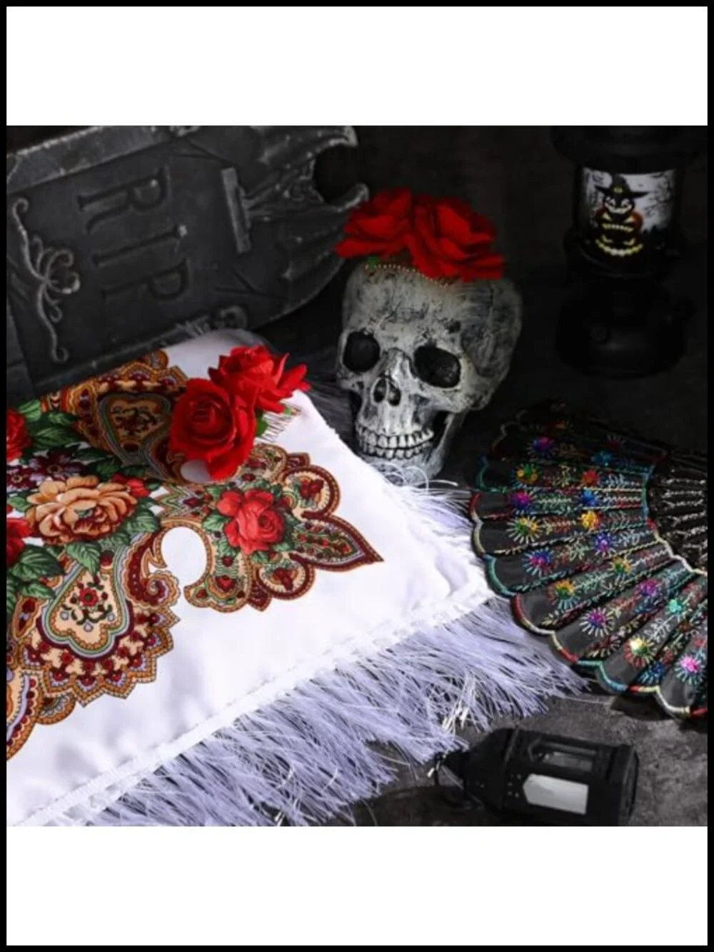 Mexican Flamenco Shawl Wrap Women Tassel Scarf Day of Dead Costume Accessory Set